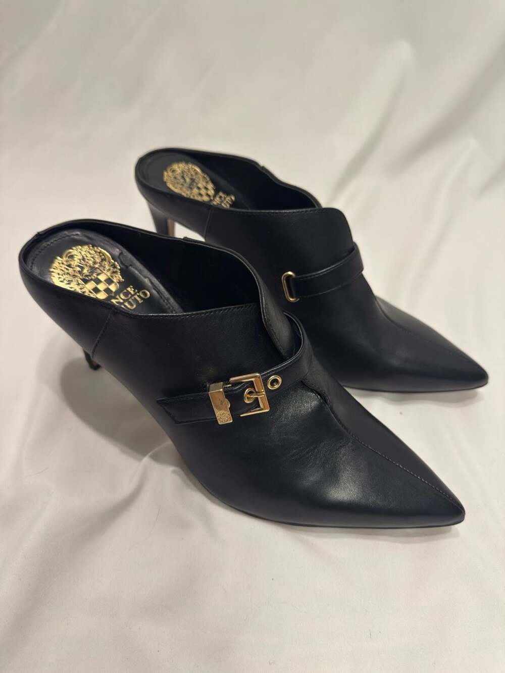 Vince Camuto Maskelynn Black Leather Pointed-Toe Buckle Mules